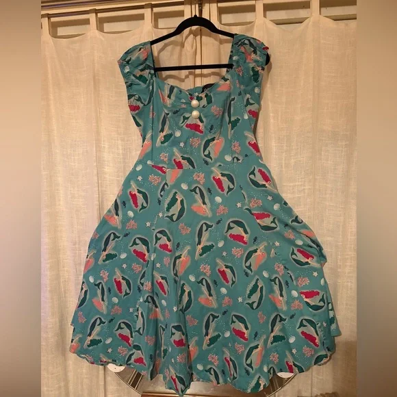 Collectif Blue and Pink mermaid Patterned Dress. fun and flattering. - Picture 2 of 4